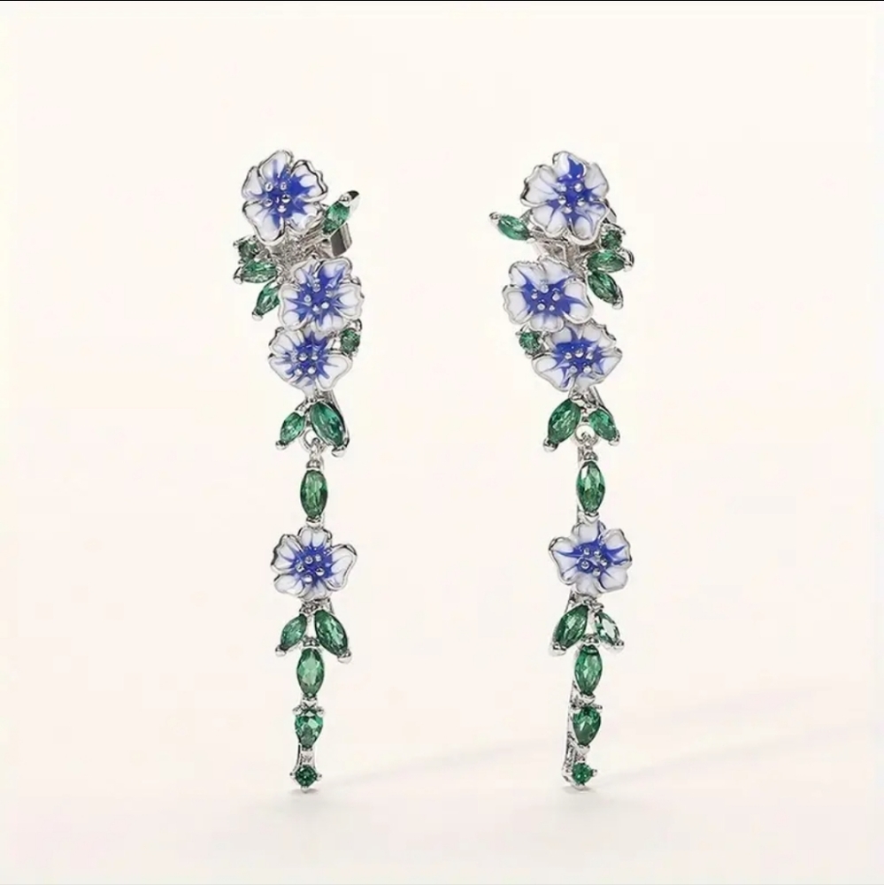 Silver Plated Blue Lily Flower Dangle Drop Earrings. - Picture 3 of 7